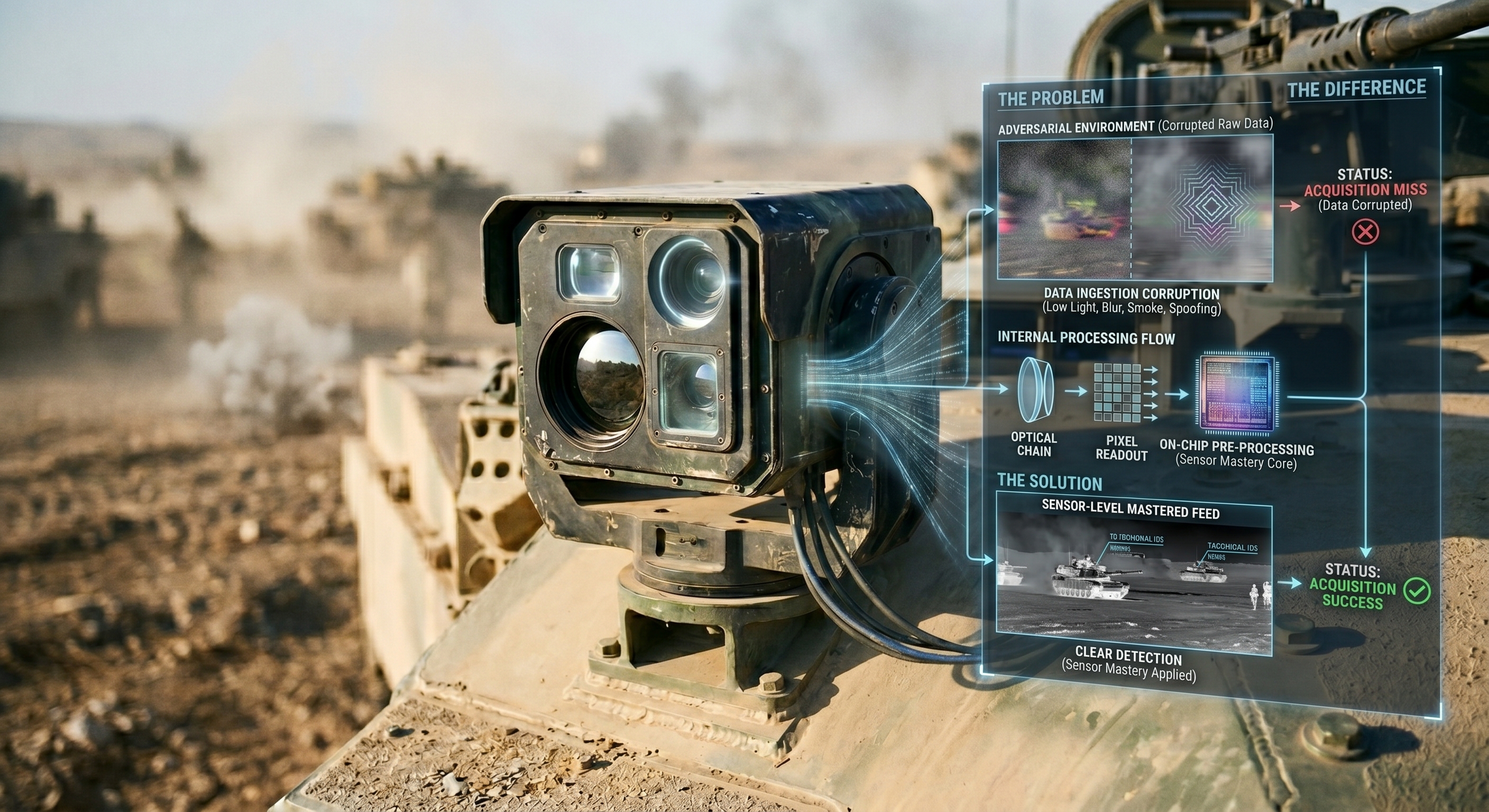 Optronic sensor with PHOENIX AI sensor-mastery processing flow: optical chain, pixel readout and on-chip pre-processing turning corrupted raw data into clear detection